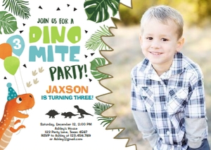 Birthday Invitation Dino White - With photo design preview