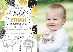 Birthday Invitation Safari Animals Modern Black Photo design preview