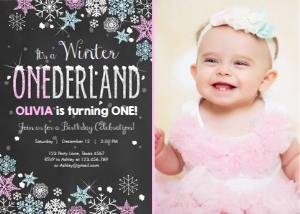 Birthday Invitation Winter Onederland Pink Blue - With photo design preview