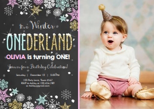 Birthday Invitation Winter Onederland Pink Mint Gold - With photo design preview