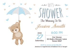 Baby Shower Invitation Teddy Bear Horizontal White Blue design preview
