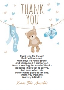 Thank You Card Teddy Bear White Blue design preview