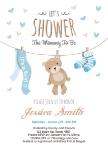 Baby Shower Invitation Teddy Bear White Blue design preview