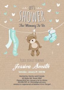 Baby Shower Invitation Teddy Bear Brown Mint design preview