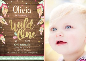 Birthday Invitation Wild One Feathers Girl Wood - With photo design preview