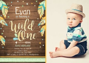 Birthday Invitation Wild One Boy Wood Feathers - With photo design preview