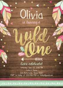 Birthday Invitation Wild One Feathers Girl Wood design preview