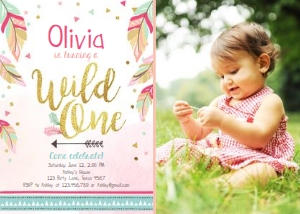 Birthday Invitation Wild One Feathers Girl - With photo design preview