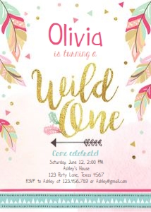 Birthday Invitation Wild One Feathers Girl design preview