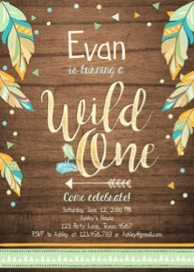 Birthday Invitation Wild One Feathers Boy Wood design preview