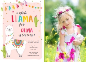 Birthday Invitation Llama Pink - With photo design preview