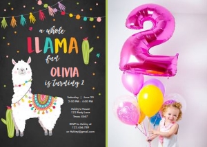 Birthday Invitation Llama Chalk - With photo design preview