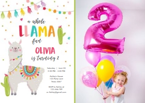 Birthday Invitation Llama White - With photo design preview