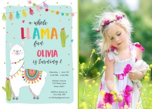 Birthday Invitation Llama Blue - With photo design preview