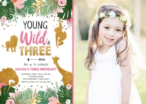 Birthday Invitation Wild Three Pink - With photo design preview