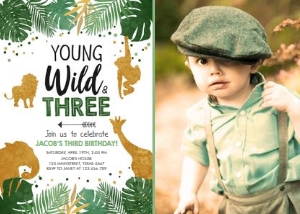 Birthday Invitation Safari Animals Wild Three Boy with photo design preview
