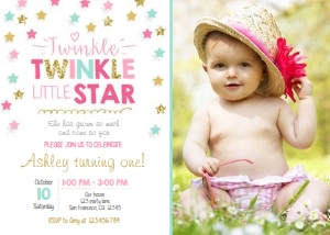 Birthday Invitation Twinkle Mint Pink Gold - With photo design preview