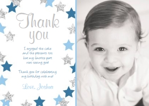 Thank you card stars Boy Blue Silver - With photo design preview