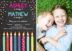 Birthday Invitation Twin Candles Chalk - With photo design preview