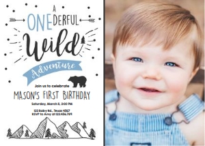 Birthday Invitation Onederful Wild Adventure Blue with photo design preview