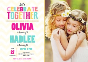 Birthday Invitation Twin Celebrate Together Yellow Striped Girl With Photo design preview