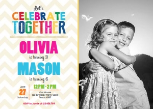 Birthday Invitation Twin Celebrate Together Yellow Striped Unisex with photo design preview