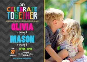Birthday Invitation Twin Celebrate Together Black Unisex With Photo design preview