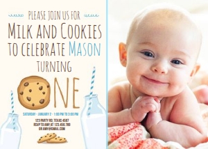 Birthday Invitation Milk and Cookies Creme Blue - With photo design preview