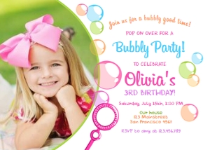 Birthday invitation Bubbles Girl White - With photo design preview