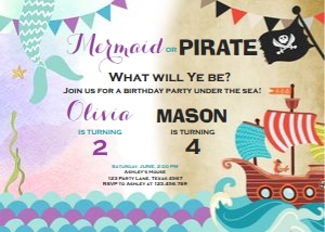 Birthday Invitation Pirate Mermaid Ship Horizontal design preview