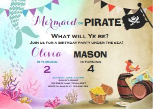 Birthday Invitation Pirate Mermaid Barrels Horizontal design preview