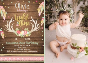 Birthday Invitation Wild One Antlers Wood - With photo design preview
