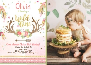 Birthday Invitation Wild One Antlers White - With photo design preview