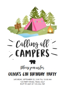 Birthday Invitation Camping Pink design preview