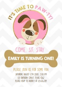 Birthday Invitation Puppy Dog Pink Gold design preview