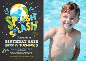 Birthday Invitation Splish Splash Pool Party Green Boy - With photo design preview