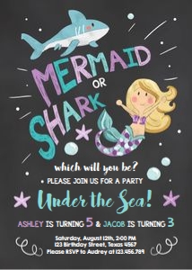 Birthday Invitation Mermaid or Shark Under the Sea Purple design preview