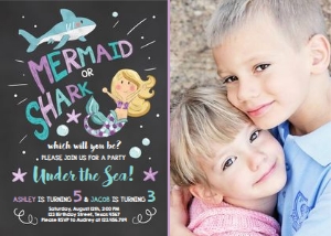 Birthday Invitation Mermaid or Shark Under the Sea Purple with photo design preview