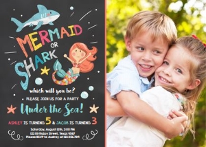 Birthday Invitation Mermaid or Shark Under the Sea Red with photo design preview