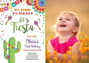 Birthday Invitation Let's Fiesta White with photo design preview