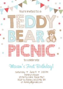 Birthday Invitation Teddy Bear Picnic White Blue design preview