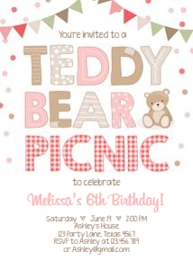 Birthday Invitation Teddy Bear Picnic White Pink design preview