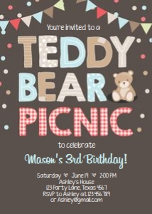 Birthday Invitation Teddy Bear Picnic Brown Blue design preview