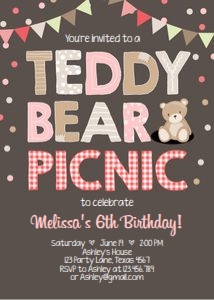 Birthday Invitation Teddy Bear Picnic Brown Pink design preview