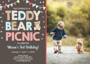 Birthday Invitation Teddy Bear Picnic Blue Brown Photo design preview