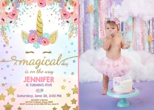 Birthday Invitation Magical Unicorn with photo design preview