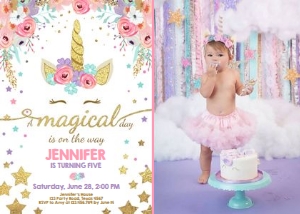 Birthday Invitation Magical Unicorn White with photo design preview