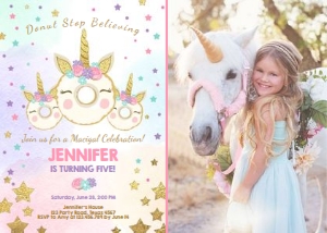 Birthday Invitation Unicorn Donut with photo design preview