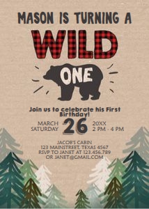 Birthday Invitation Lumberjack Wild One brown design preview