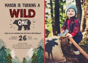 Birthday Invitation Lumberjack Wild One brown - With Photo design preview